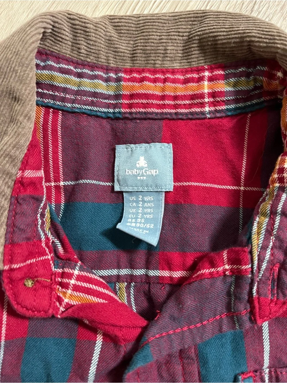 GAP Red Plaid Button-Down Shirt with Tan Corduroy Collar